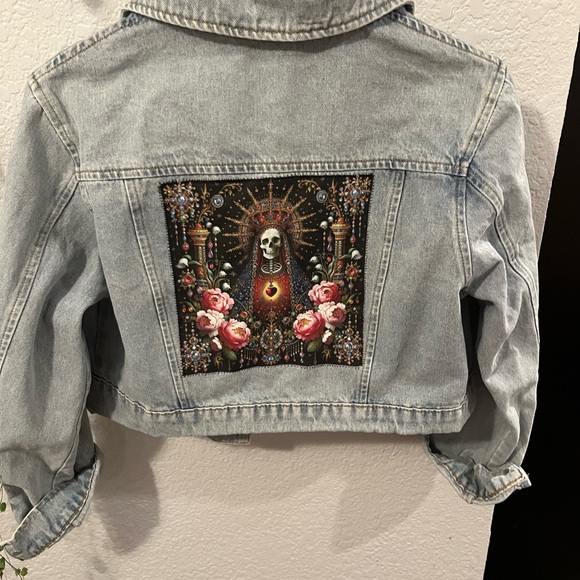 Allegra K Light Blue Jean Jacket with Artistic Back Design - Picture 1 of 2